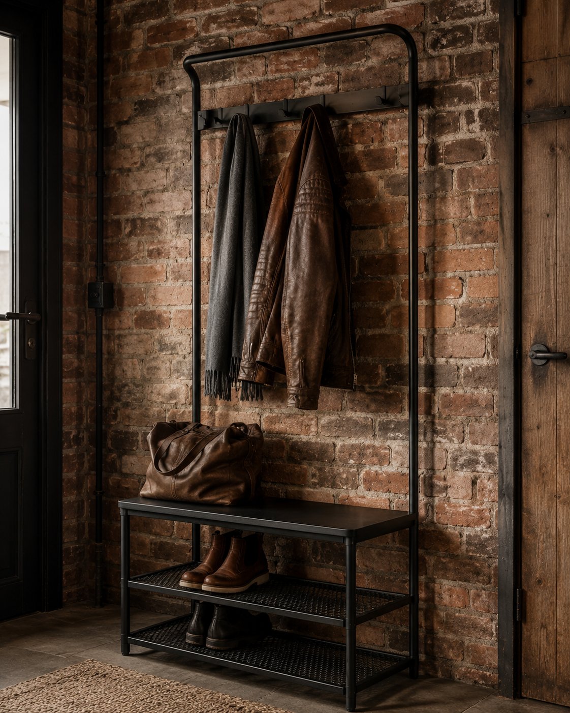 Industrial-Look im Flur: PINNIG Garderobe vor einer Backsteinwand.